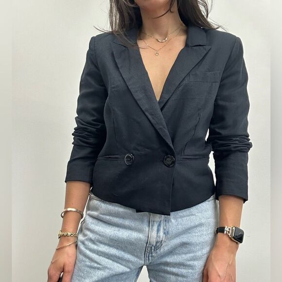 Jason Wu Blue Linen Double Breast Cropped Blazer Size M - Picture 1 of 11